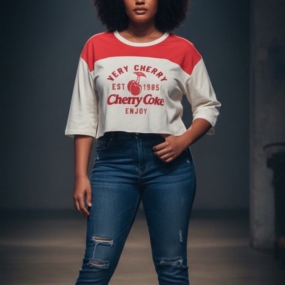 Womens XL COCA-COLA Very Cherry Velvet Cropped Tee Shirt T-Shirt Cherry Coke